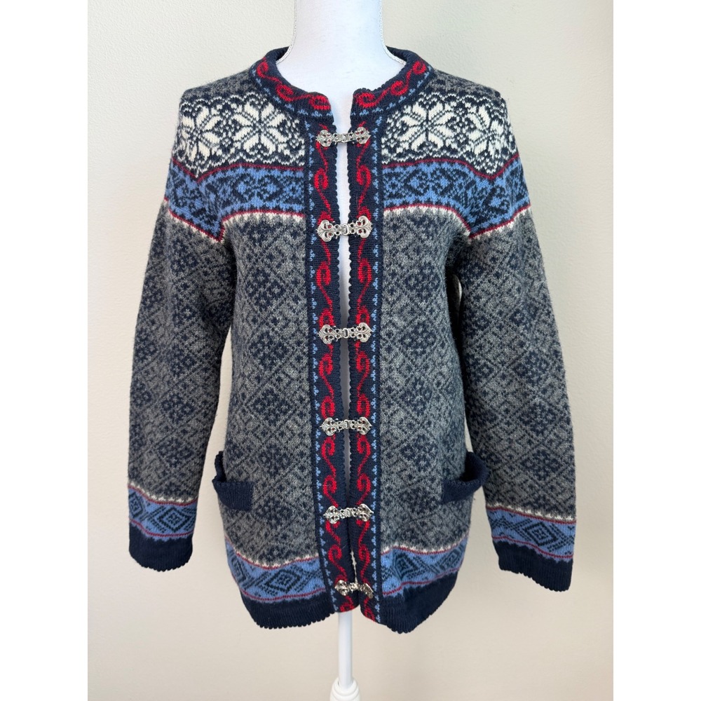 Baltic Inspirations Women Wool Cardigan Nordic Fair Isle XS Gray Silver Clasps